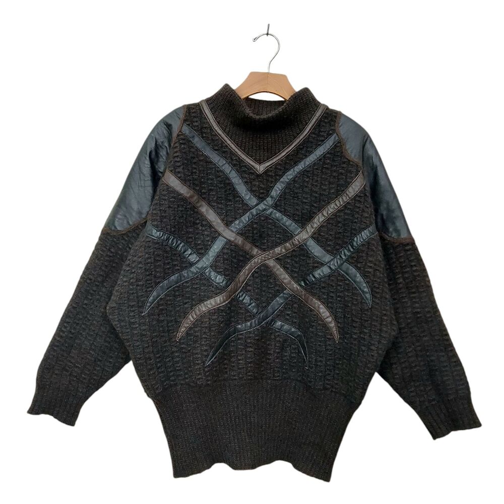 Vintage Torras Leather Knit Sweater Womens M/L Brown Spain Mohair Wool Mock Neck